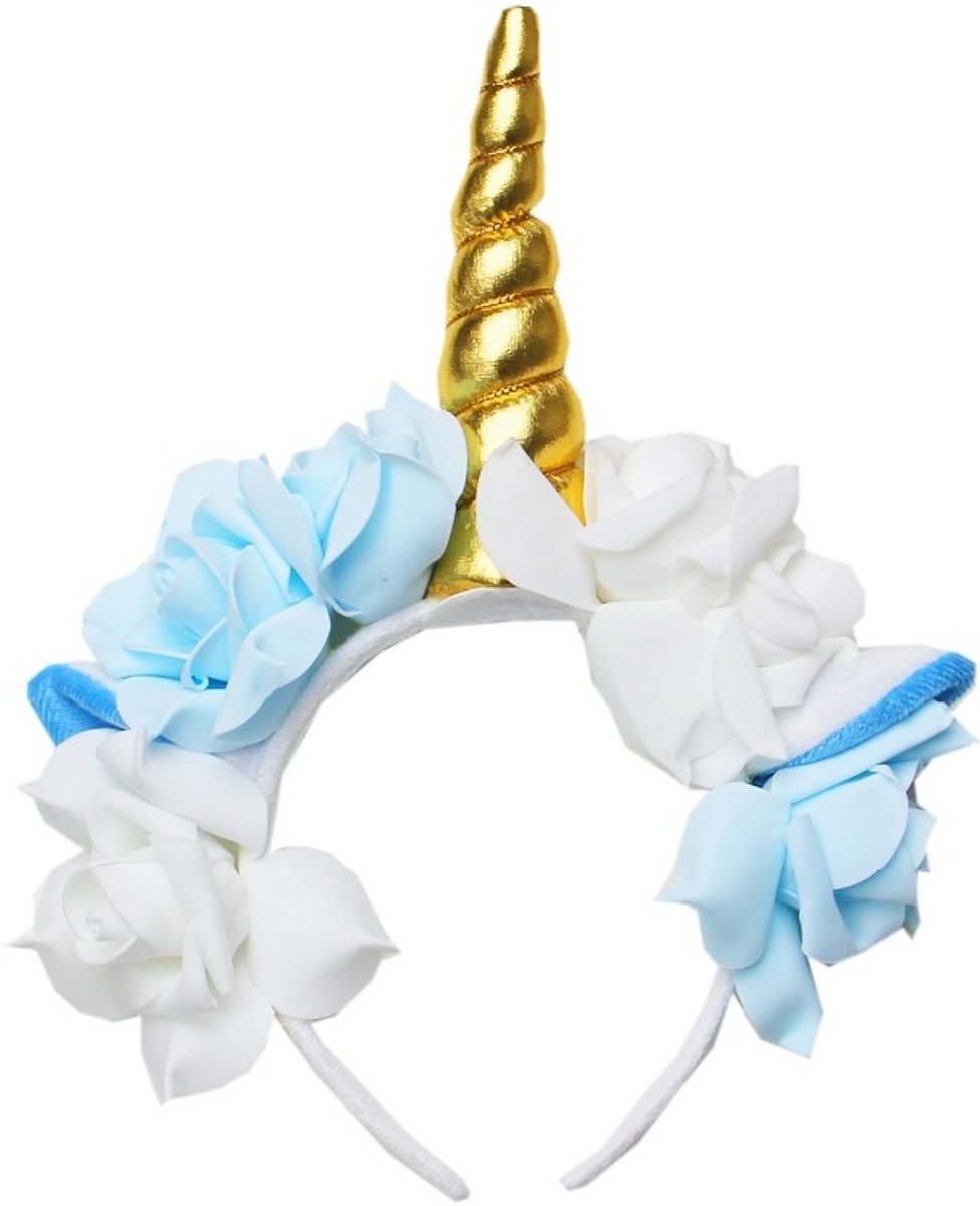 Unicorn diadeem bloemen lichtblauw | Eenhoorn diadeem lichtblauw